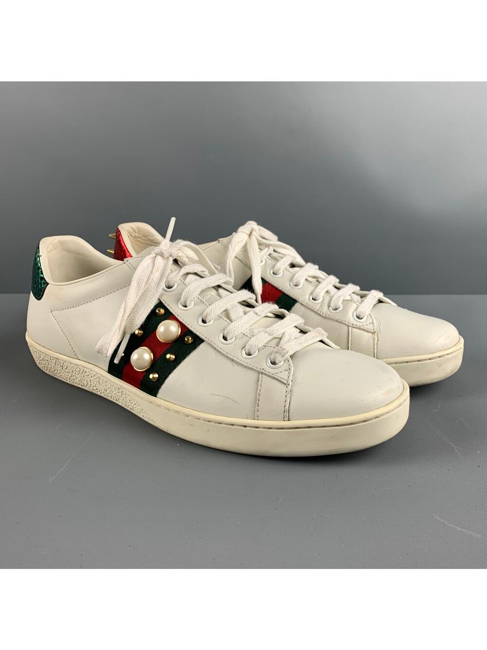 GUCCI Size 10 White Green & Red Leather Ribbon Low Top Sneakers